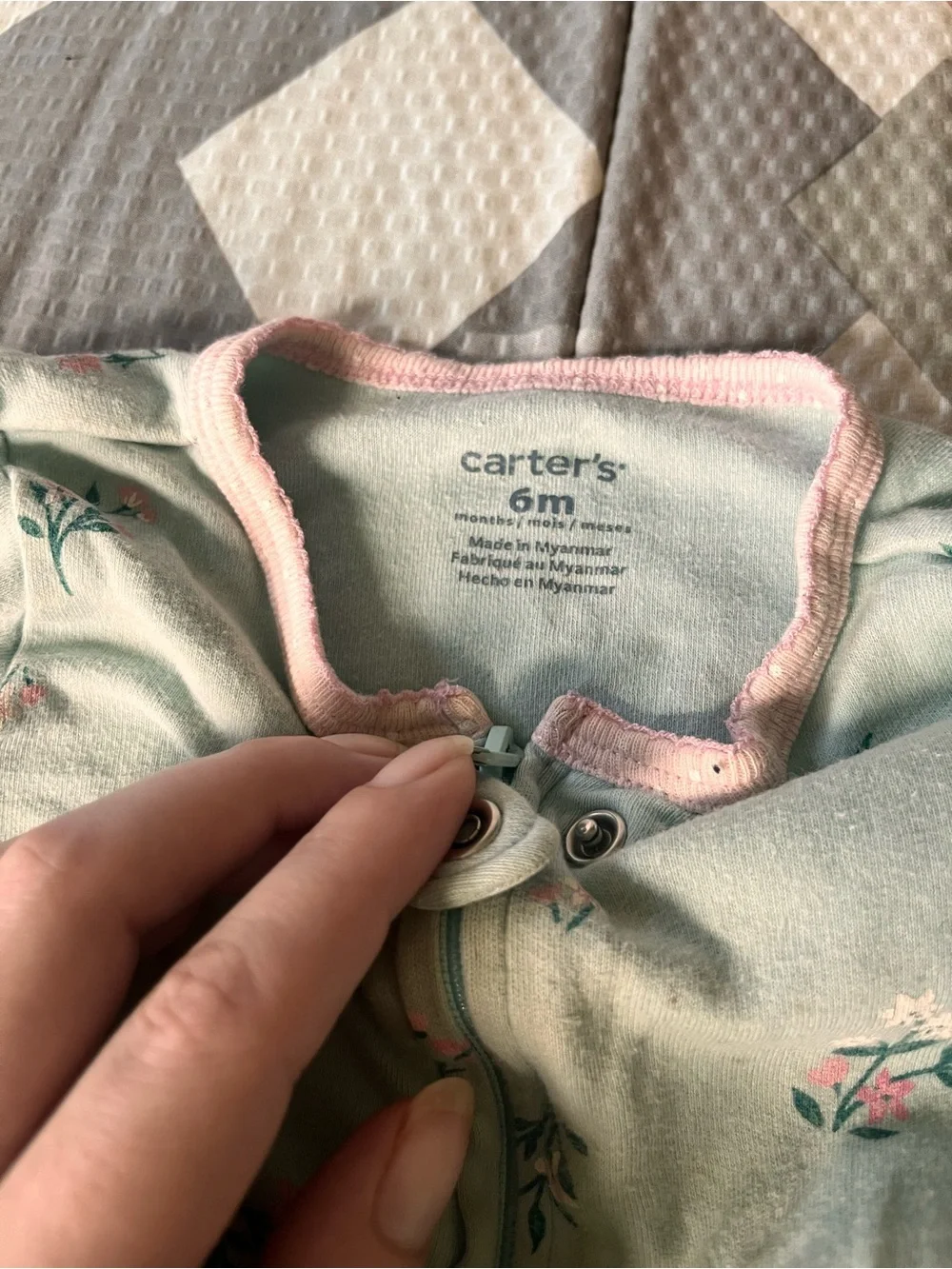 Carter's Mint Floral Footed One-Piece with Pink Bunny